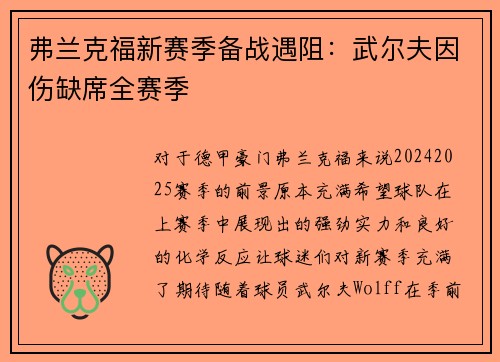 弗兰克福新赛季备战遇阻：武尔夫因伤缺席全赛季